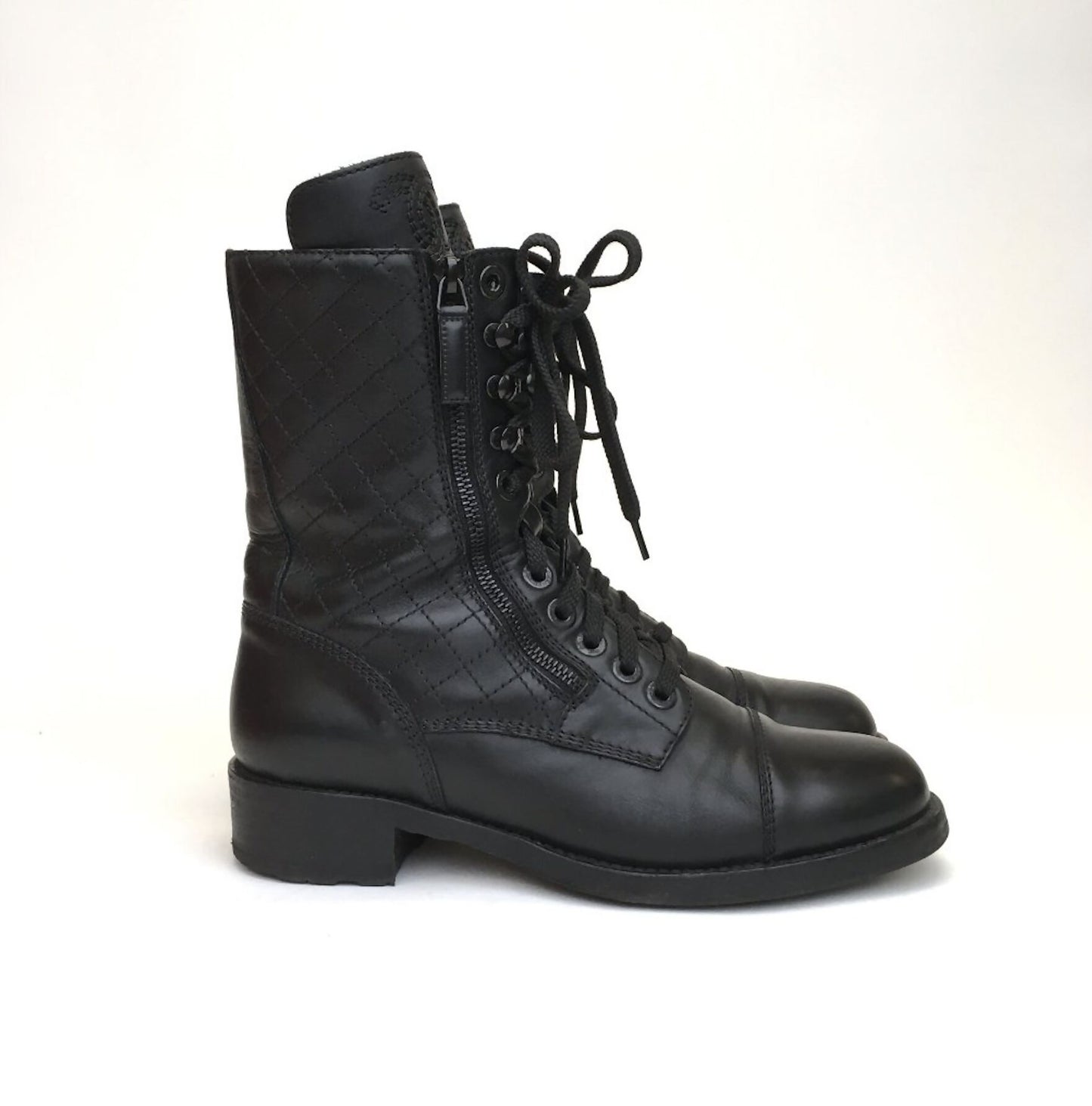 CHANEL Sheepskin Quilted CC Tall Lace Up Combat Boots - Vintage