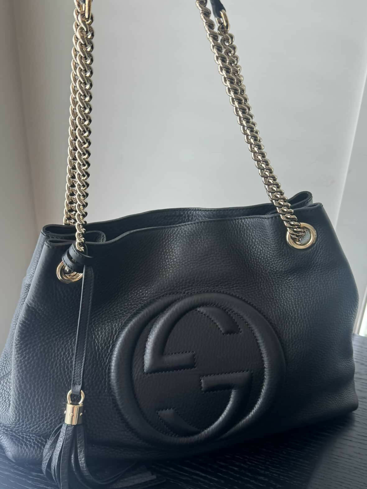 Gucci Soho Medium Black Leather Chain Shoulder Bag Tote
