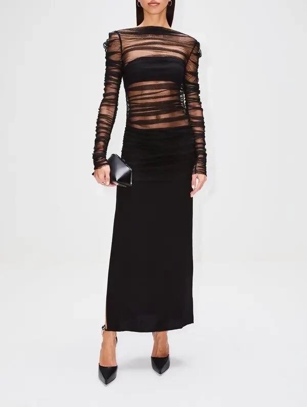 Christopher Esber Long Sleeve Tulle Column Dress in Black