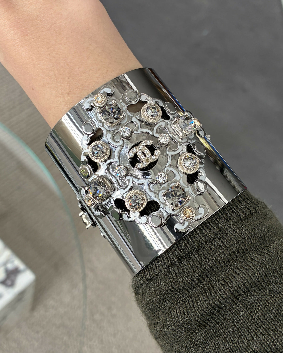 Chanel Silver-Tone CC Cuff Bracelet with Crystals