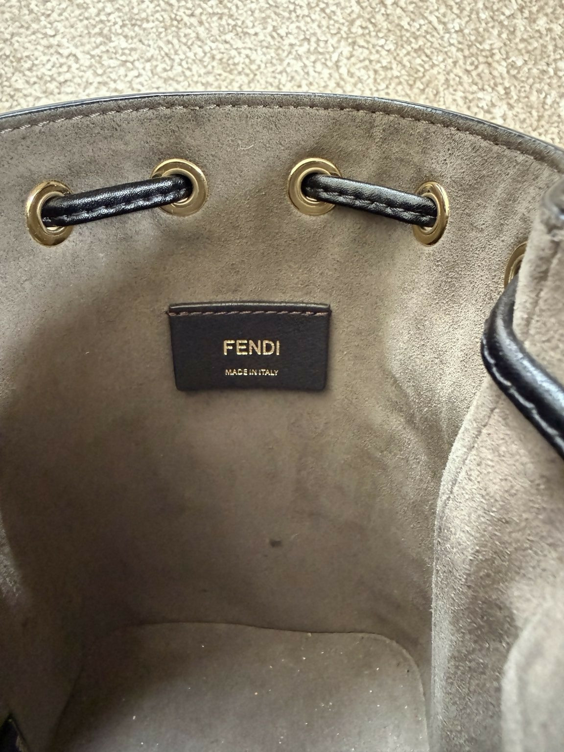 Fendi Mon Tresor Mini FF Embossed Leather Bucket Bag Black/Brown Gold Hardware