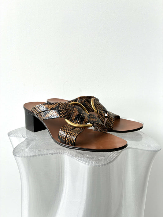 Chloe Rony Snake Print Leather Cross Strap Mules