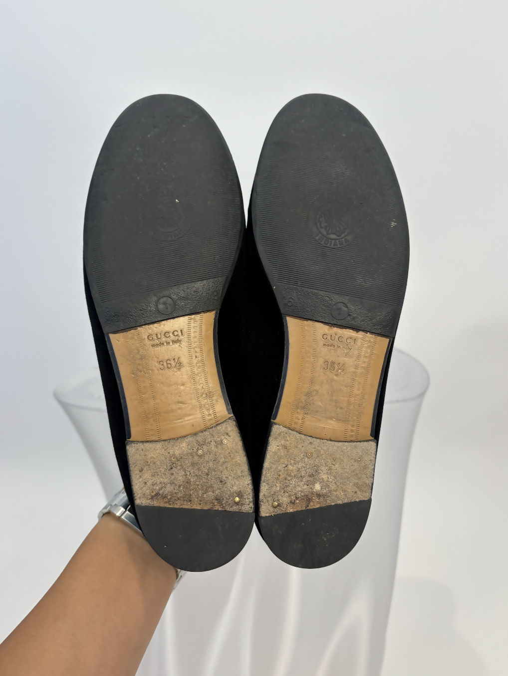 Gucci “Jordaan” Velvet Loafers in Black with Gold Hardware - FULL SET