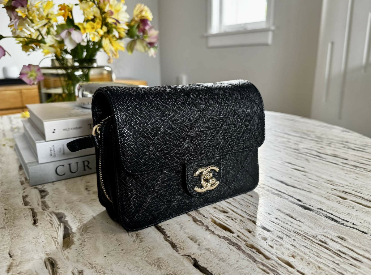 Chanel 22C Caviar Zip Mini Flap Bag Black