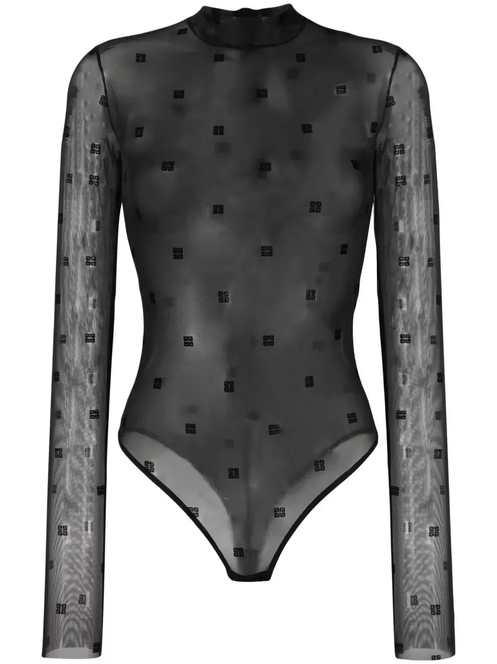 The EXCHANGE STORE Givenchy Logo Print Black Mesh Bodysuit features a sheer long-sleeve design with a high neckline and an allover subtle square motif pattern.