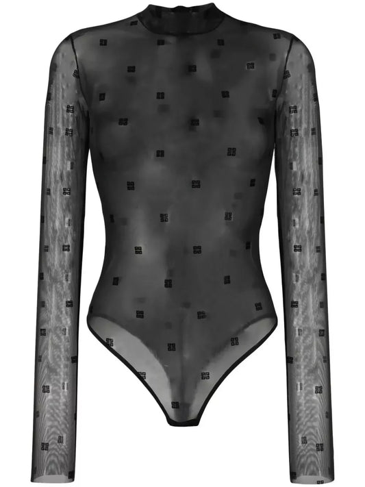 The EXCHANGE STORE Givenchy Logo Print Black Mesh Bodysuit features a sheer long-sleeve design with a high neckline and an allover subtle square motif pattern.