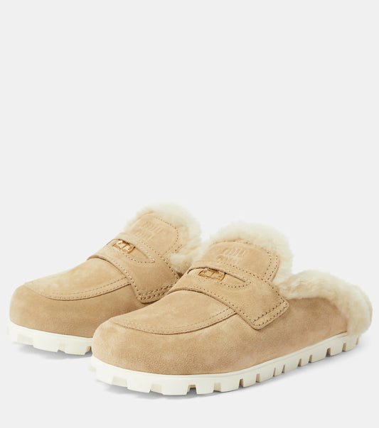 Miu Miu Shearling-Lined Suede Mules
