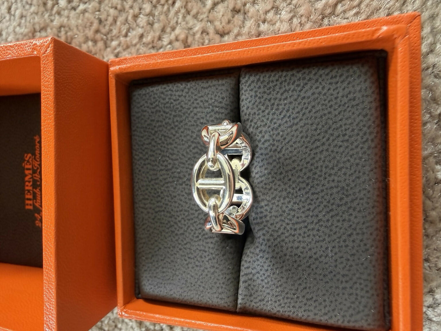 Hermès Chaine d’Ancre Enchaînée Sterling Silver Ring Size 51 - Full Set