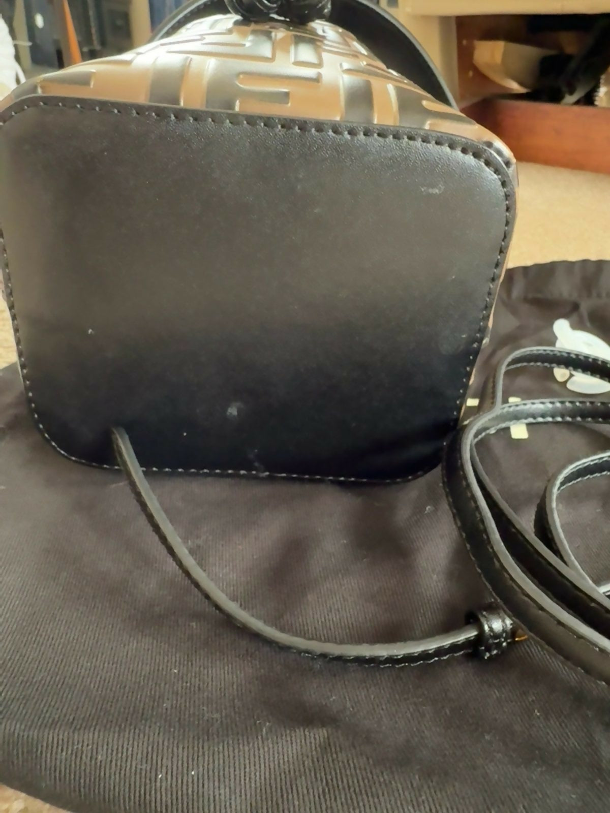 Fendi Mon Tresor Mini FF Embossed Leather Bucket Bag Black/Brown Gold Hardware