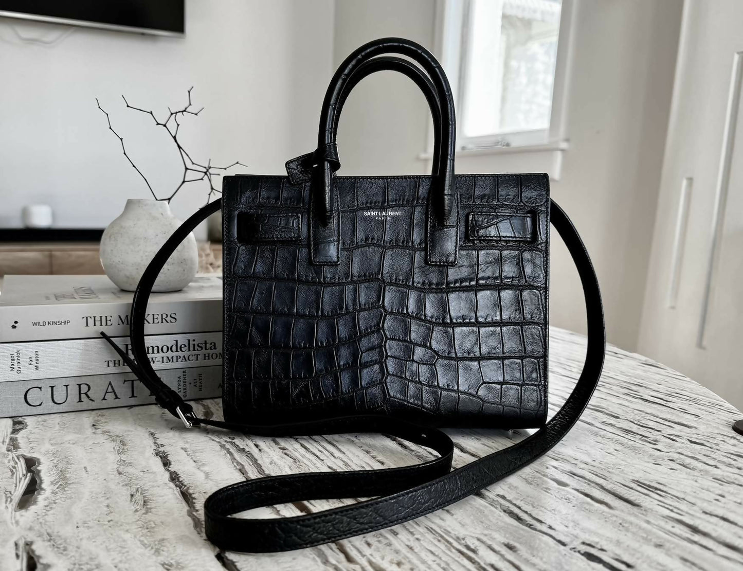 Saint Laurent Nano Sac De jour croc embossed calfskin black