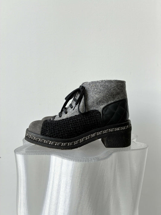 Chanel Black/Grey Tweed Combat Boots 2016