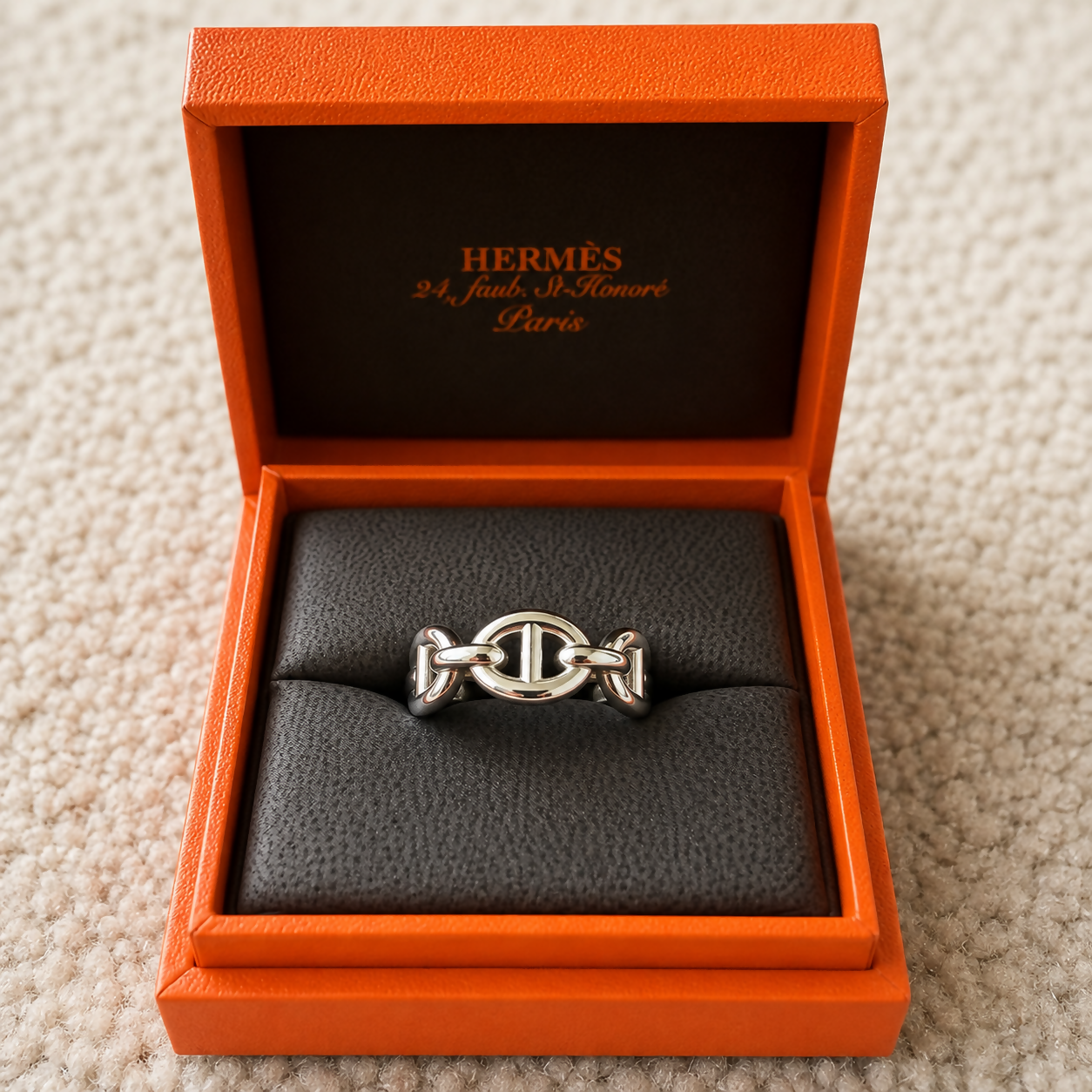 Hermès Chaine d’Ancre Enchaînée Sterling Silver Ring Size 51 - Full Set