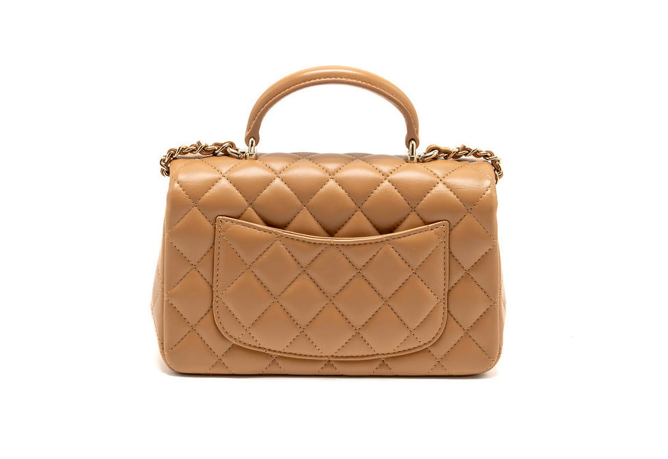 Chanel Top Handle Mini Rectangular Flap Bag Lambskin Caramel LGHW (microchip)