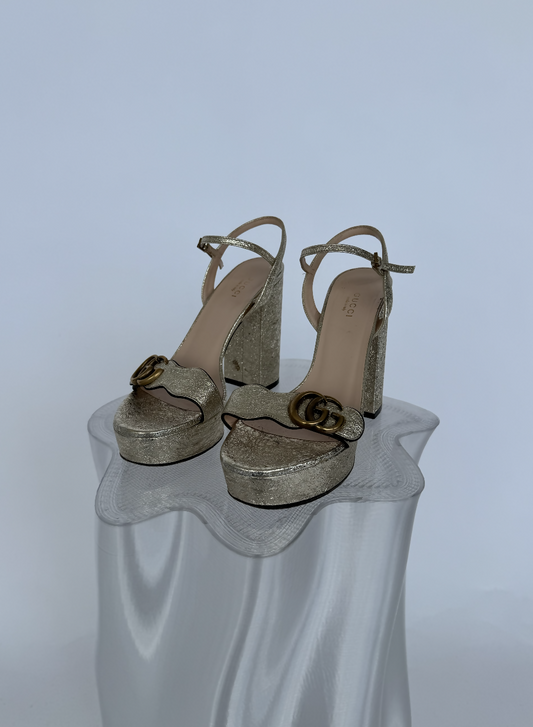 Gucci Marmont GG logo heel Metallic gold leather