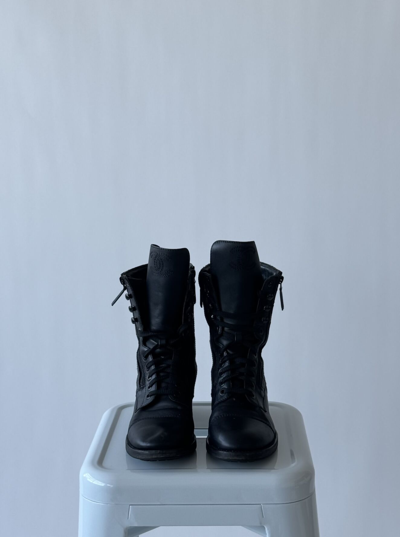 CHANEL Sheepskin Quilted CC Tall Lace Up Combat Boots - Vintage