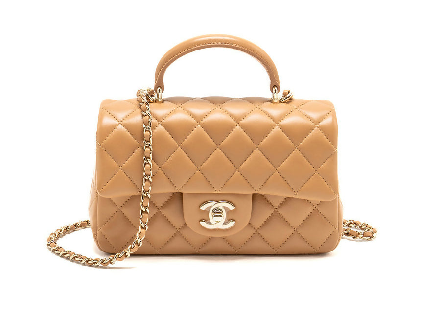 Chanel Top Handle Mini Rectangular Flap Bag Lambskin Caramel LGHW (microchip)
