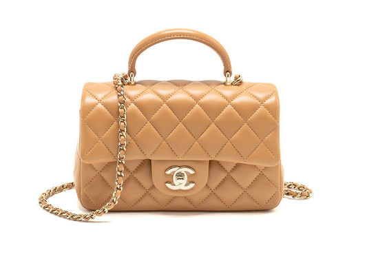 Chanel Top Handle Mini Rectangular Flap Bag Lambskin Caramel LGHW (microchip)