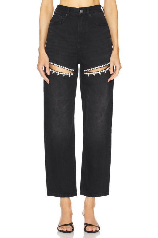 Area Crystal Slit Jeans in Black Denim