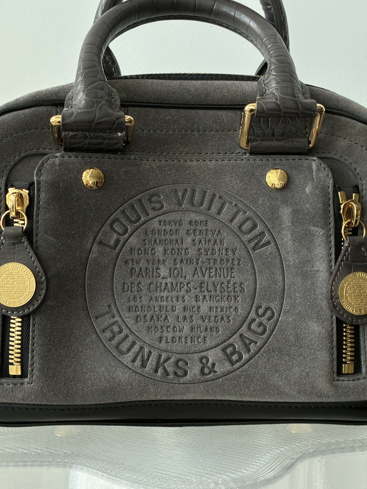 Louis Vuitton Limited Edition Grey Suede Stamped Trunk Bag, 2006 Cruise Collection