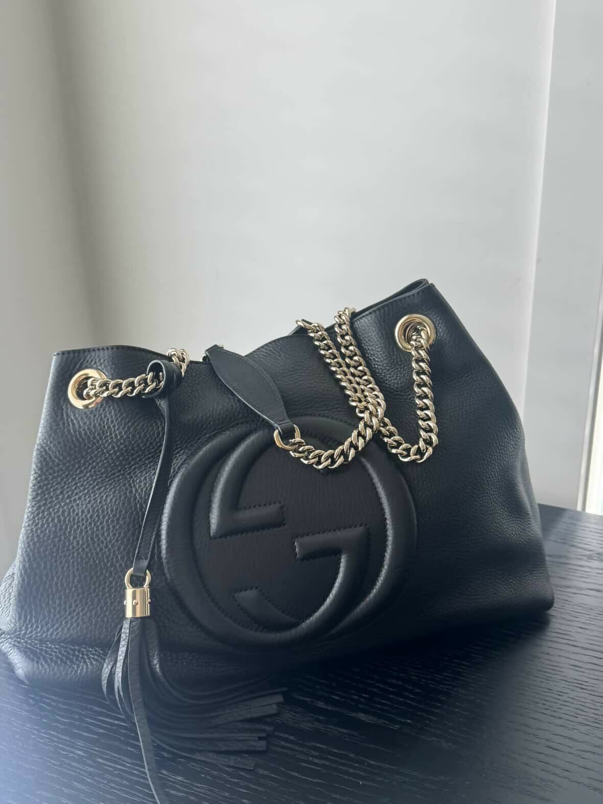 Gucci Soho Medium Black Leather Chain Shoulder Bag Tote