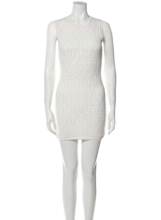The EXCHANGE FENDI Jacquard Stretchy Mini Dress is a fitted, sleeveless white women's dress with a subtle geometric texture, shown on a headless, armless white mannequin.