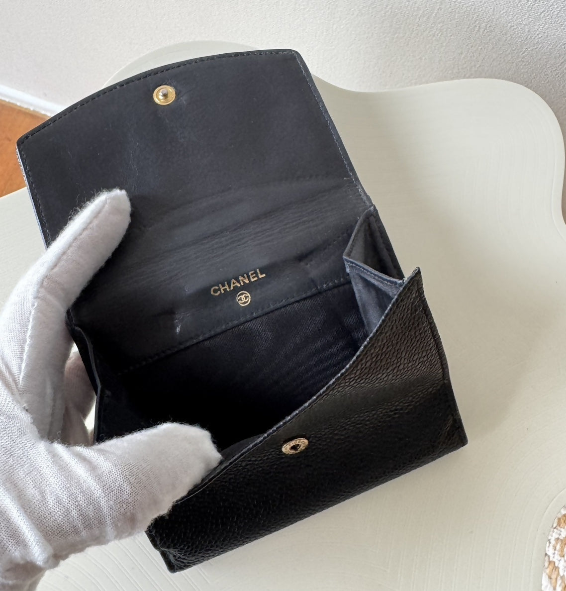 CHANEL Coco Mark Caviar Leather Folded Wallet Black Vintage