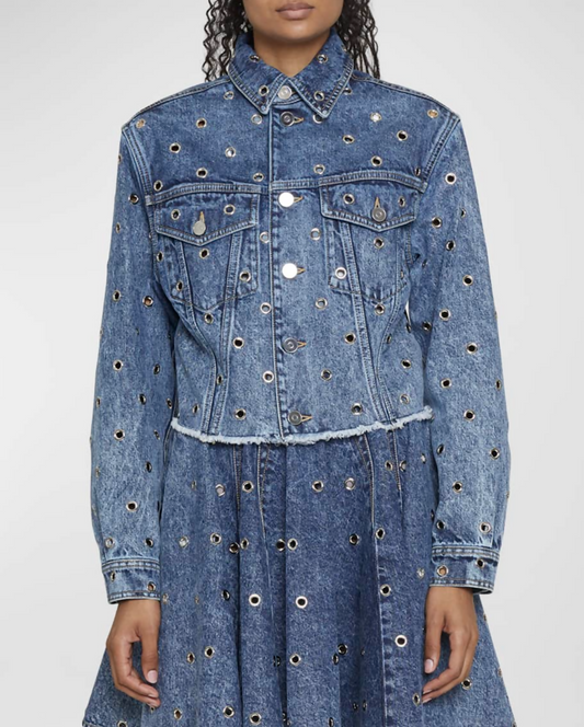 ALAIA Grommet Eyelet Crop Denim Jacket