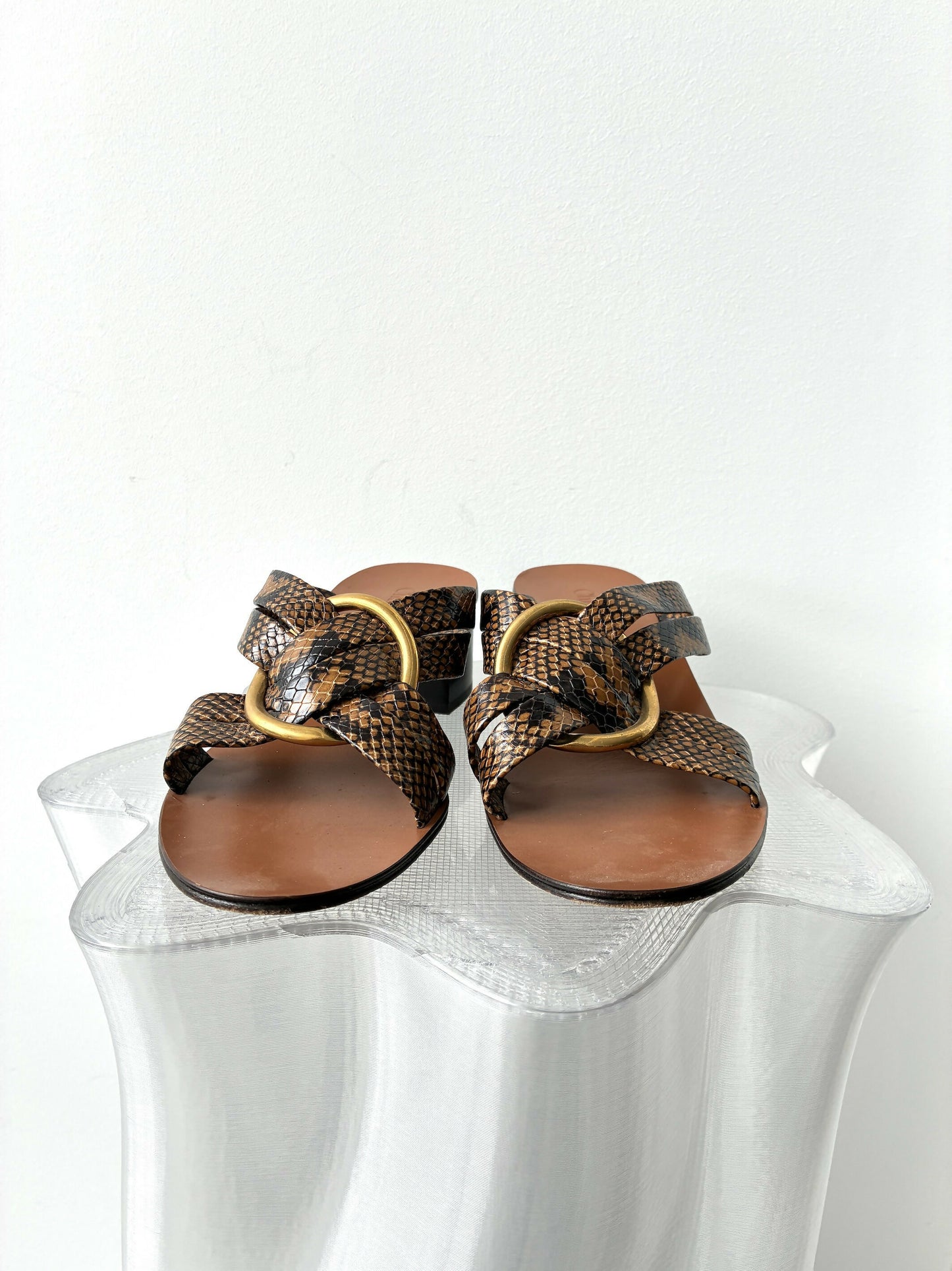 Chloe Rony Snake Print Leather Cross Strap Mules