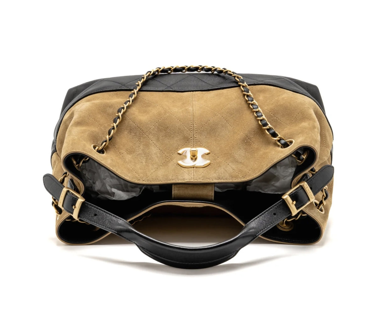 CHANEL Small Shopping Bag Beige Suede / BlackShiny Lambskin