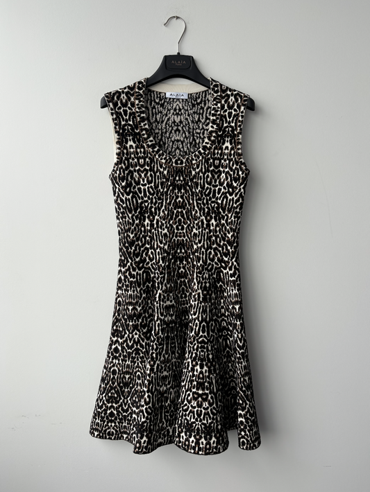 The Alaia Leopard-print Jacquard Minidress by EXCHANGE STORE features a sleeveless design, fitted waist, flared skirt, and scoop neckline, hanging on a black hanger against a light gray wall.