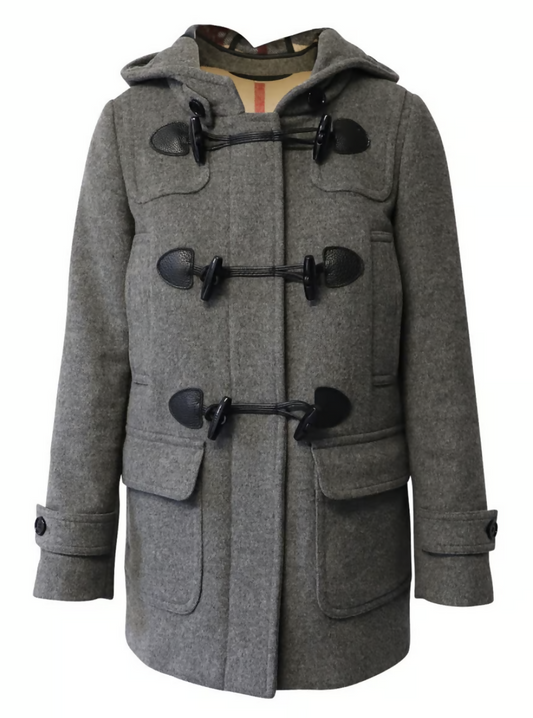 Burberry Brit 100% Wool Gray Hooded Zip Up Duffle Toggle Coat