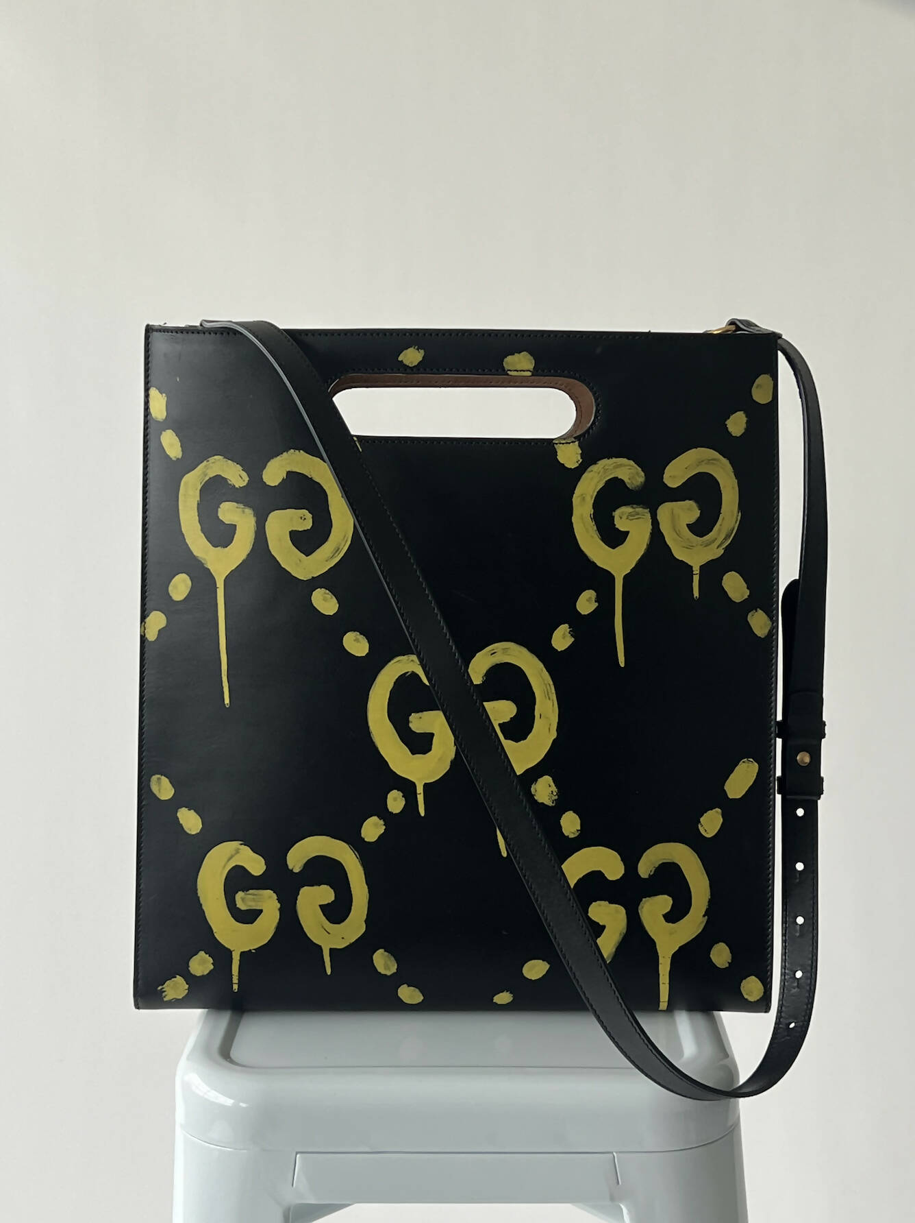 GUCCI Black GucciGhost Print Calfskin Medium XL Tote Bag - FULL SET