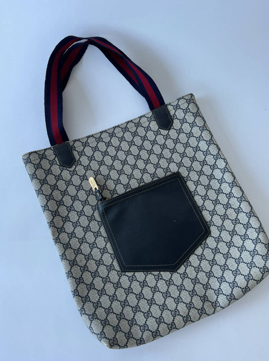 Gucci Light Gray Navy Red Tote Bag