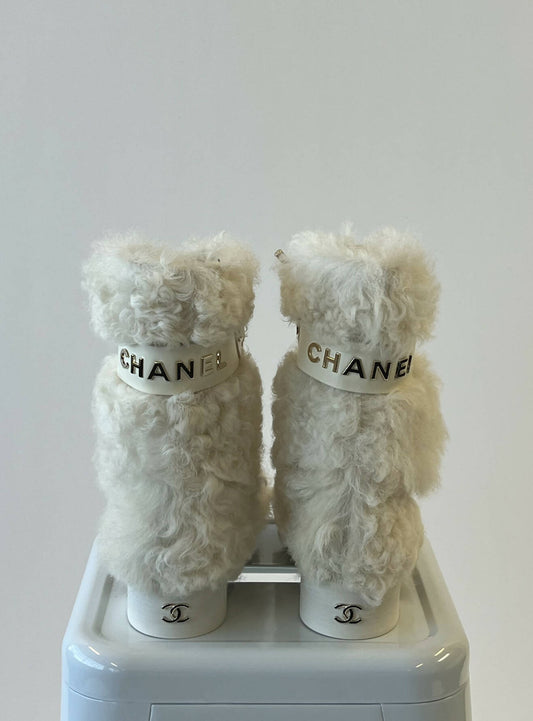 Chanel White/Black Shearling Fur Calf Length Boots